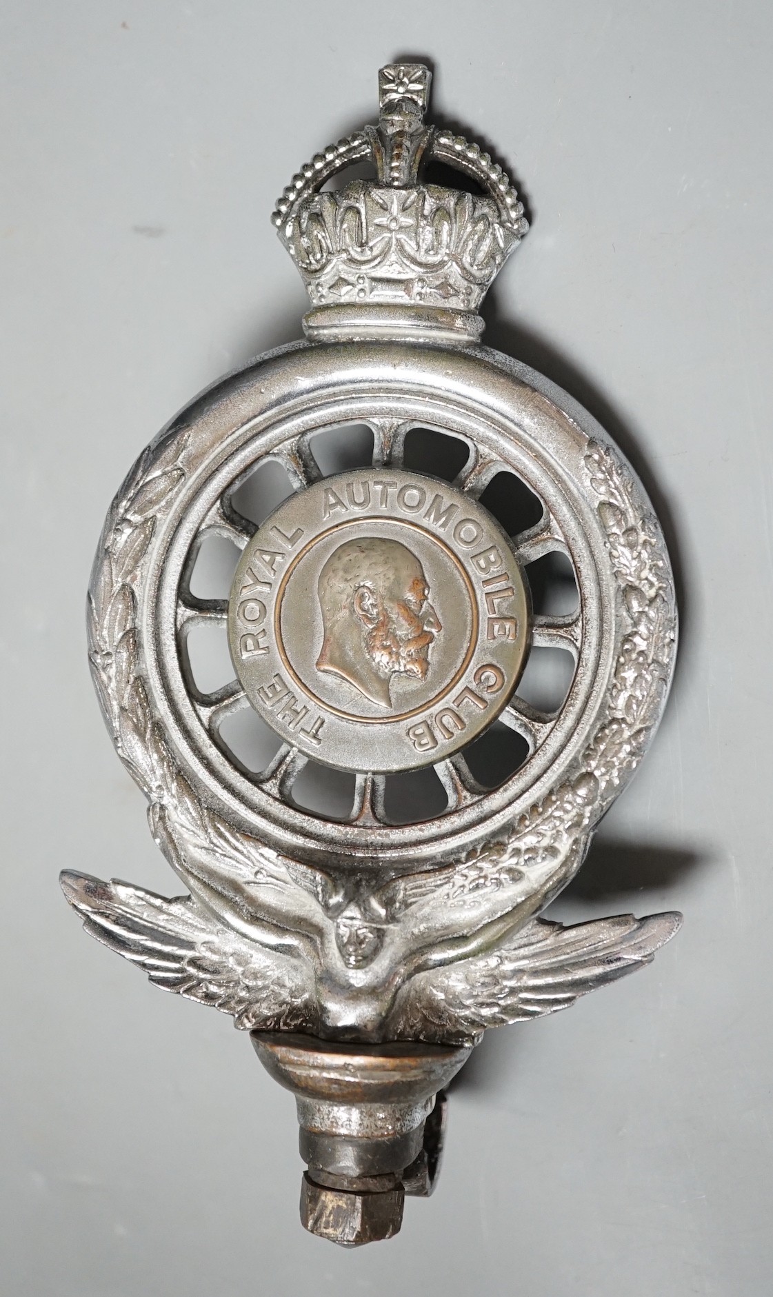 A pre-WWI RAC chromium plated car badge, 16.5cms high